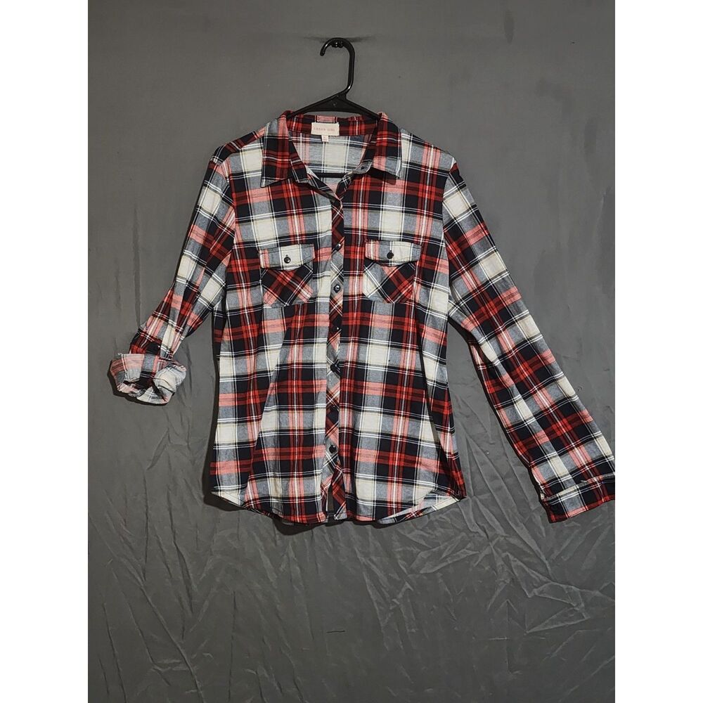 Urban Girl Plaid Flannel Button Down Shirt Red Black White Long Sleeve XL
